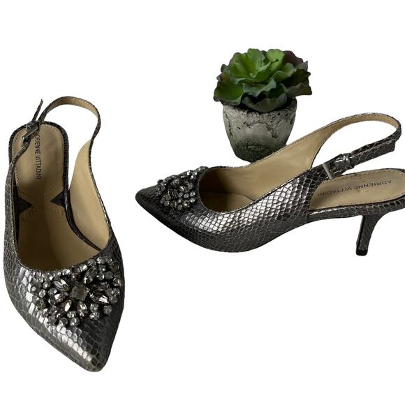 Adrienne Vittadini Surya Slingback Shoes Sz 6M Snake Skin Crystals Pewter Glam - Picture 2 of 15